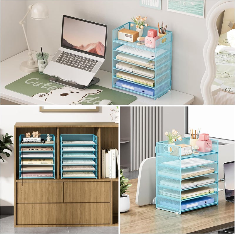 SUBEKYU 6 Tier Office File Paper Desk Tray Organizer with Handle, Stackable Slide Mesh Letter Tray Folder Blue Desk Organizer, Desktop Document Sorter for Classroom, Office, Home Supplies Storage - Image 4